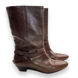 Vtg Frye Boots Womens Sz 7.5 Brown Leather Harness Strap Mid Calf Low Wedge Heel